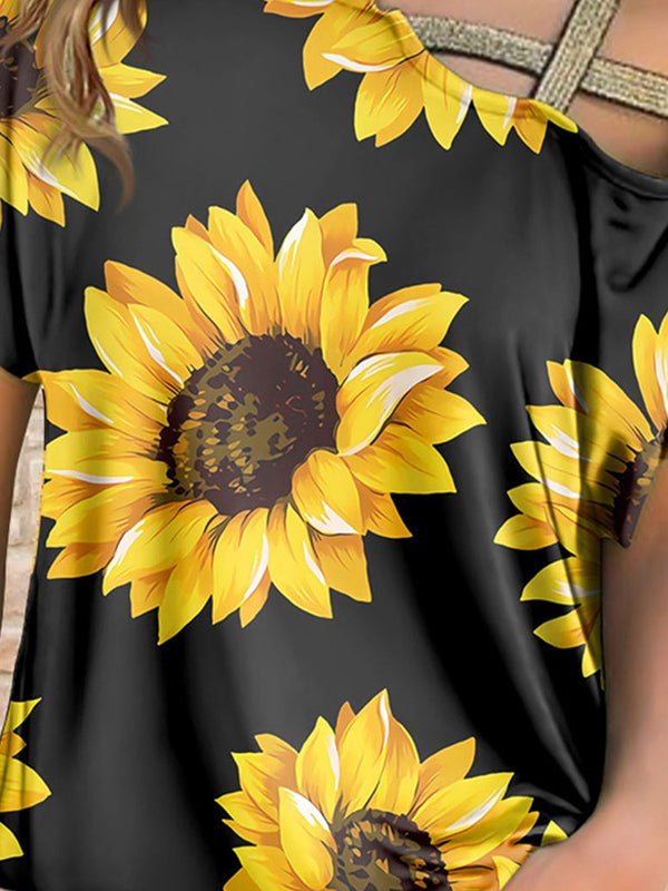 Sunflower Print Off-shoulder T-shirt - T-Shirts - INS | Online Fashion Free Shipping Clothing, Dresses, Tops, Shoes - 24/05/2021 - Category_T-Shirts - Color_Black