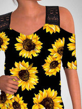 Sunflower Print Off-the-shoulder Cutout T-shirt - T-shirts - INS | Online Fashion Free Shipping Clothing, Dresses, Tops, Shoes - 24/05/2021 - Color_Leopard - Color_Sunflower