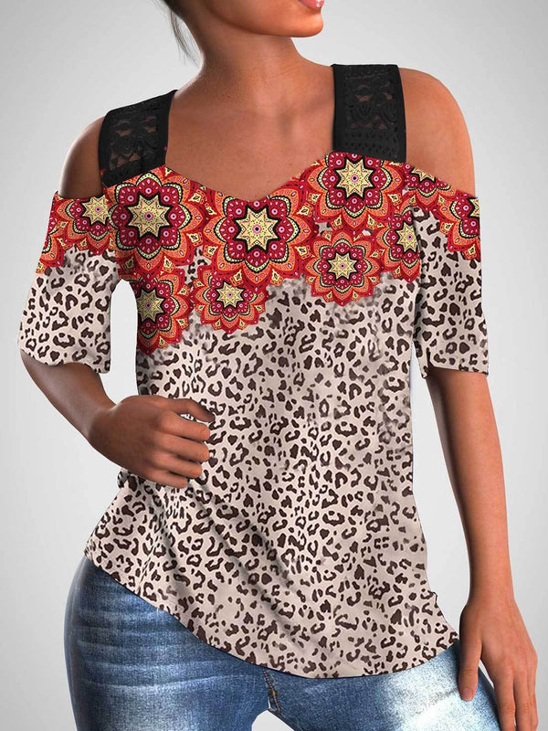 Sunflower Print Off-the-shoulder Cutout T-shirt - T-shirts - INS | Online Fashion Free Shipping Clothing, Dresses, Tops, Shoes - 24/05/2021 - Color_Leopard - Color_Sunflower