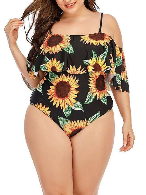 Sunflower Print Plus Size Strappy Swimsuit - Plus Swimsuits - INS | Online Fashion Free Shipping Clothing, Dresses, Tops, Shoes - 22/04/2021 - 2204V3 - Color_Black