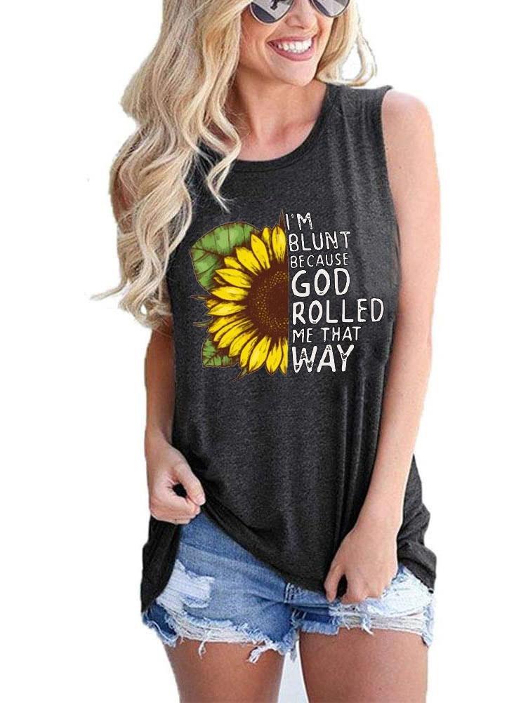 Sunflower Print Round Neck Sleeveless Tank Top - Tanks - INS | Online Fashion Free Shipping Clothing, Dresses, Tops, Shoes - 01/06/2021 - Category_Tanks - Color_Blue