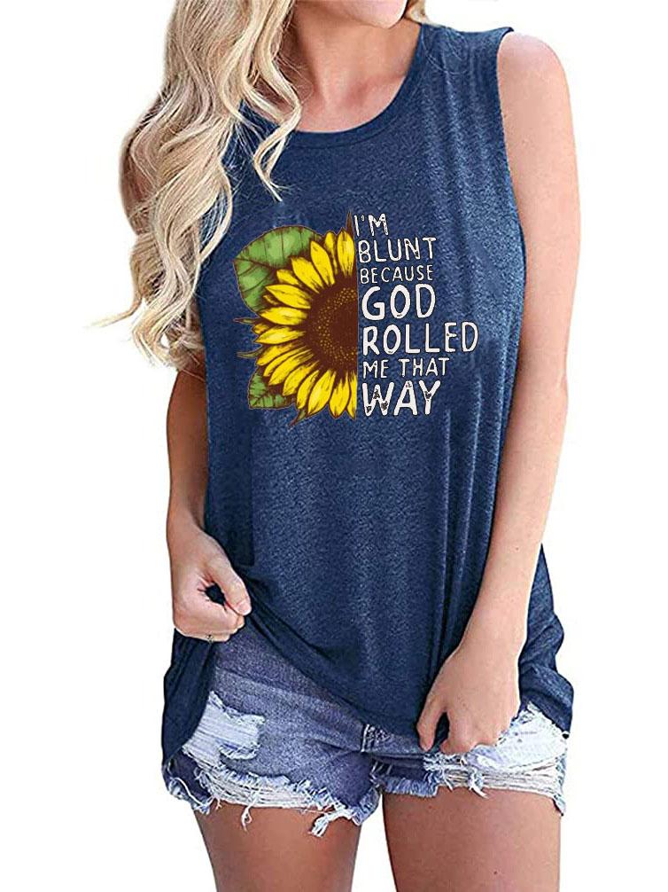 Sunflower Print Round Neck Sleeveless Tank Top - Tanks - INS | Online Fashion Free Shipping Clothing, Dresses, Tops, Shoes - 01/06/2021 - Category_Tanks - Color_Blue