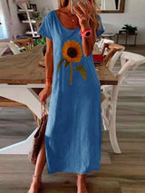 Sunflower Print Short-sleeved Slit Dress - Maxi Dresses - INS | Online Fashion Free Shipping Clothing, Dresses, Tops, Shoes - 06/07/2021 - 10-20 - color-blue