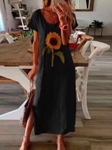 Sunflower Print Short-sleeved Slit Dress - Maxi Dresses - INS | Online Fashion Free Shipping Clothing, Dresses, Tops, Shoes - 06/07/2021 - 10-20 - color-blue