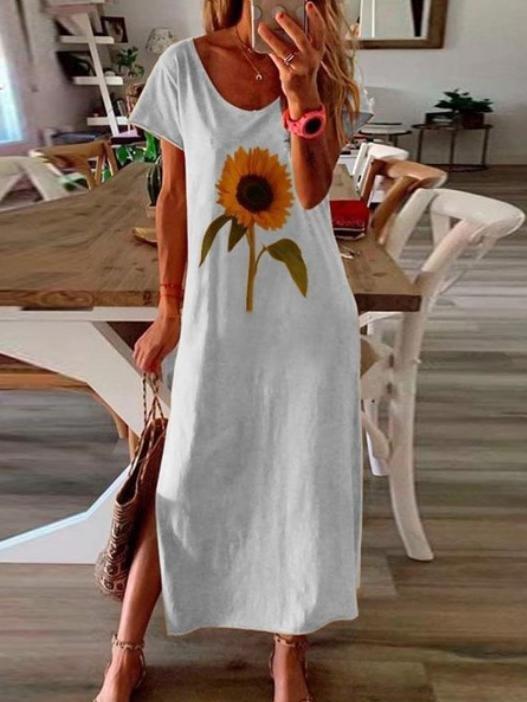 Sunflower Print Short-sleeved Slit Dress - Maxi Dresses - INS | Online Fashion Free Shipping Clothing, Dresses, Tops, Shoes - 06/07/2021 - 10-20 - color-blue