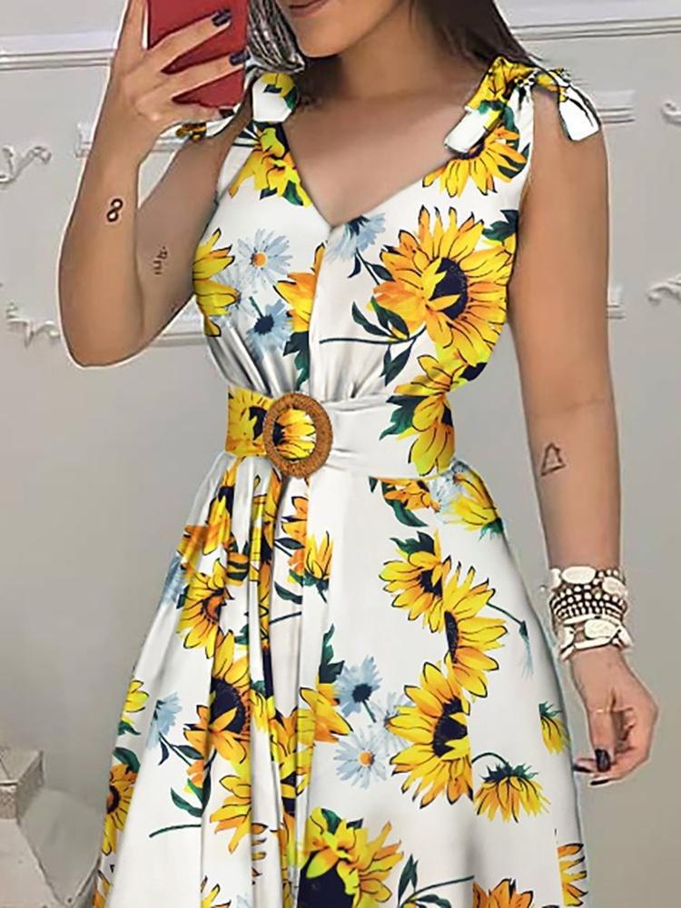 Sunflower Print Tied Detail Sleeveless Maxi Dress - Maxi Dresses - INS | Online Fashion Free Shipping Clothing, Dresses, Tops, Shoes - 28/04/2021 - Color_White - DRE210428102