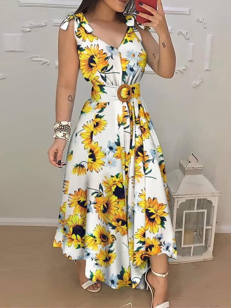 Sunflower Print Tied Detail Sleeveless Maxi Dress - Maxi Dresses - INS | Online Fashion Free Shipping Clothing, Dresses, Tops, Shoes - 28/04/2021 - Color_White - DRE210428102