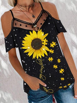 Sunflower Puzzle Print Strapless T-shirt - T-Shirts - INS | Online Fashion Free Shipping Clothing, Dresses, Tops, Shoes - 24/05/2021 - Category_T-Shirts - Color_Black