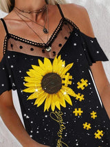 Sunflower Puzzle Print Strapless T-shirt - T-Shirts - INS | Online Fashion Free Shipping Clothing, Dresses, Tops, Shoes - 24/05/2021 - Category_T-Shirts - Color_Black