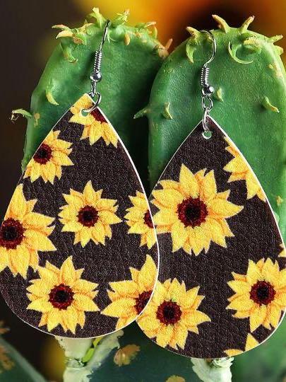 Sunflower Water Drop Shaped Leather Earrings - INS | Online Fashion Free Shipping Clothing, Dresses, Tops, Shoes