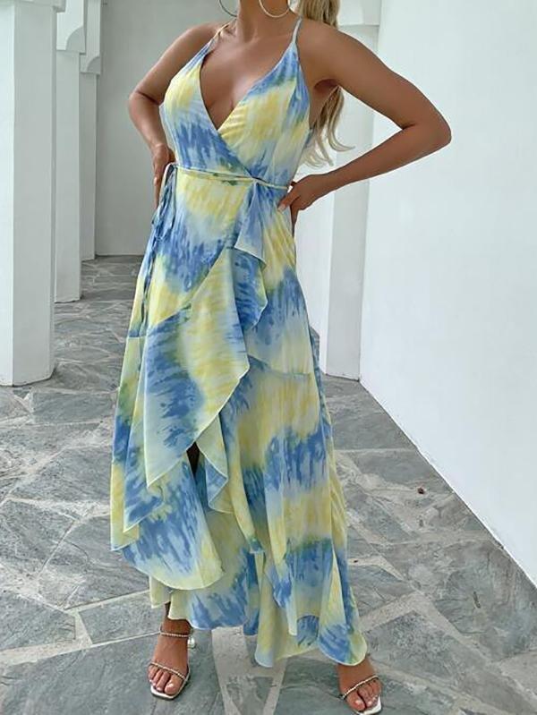 Surplice Neck Knot Belted Ruffle Hem Tie Dye Cami Dress - Dresses - INS | Online Fashion Free Shipping Clothing, Dresses, Tops, Shoes - 01/29/2021 - Beach - chiffon-dress