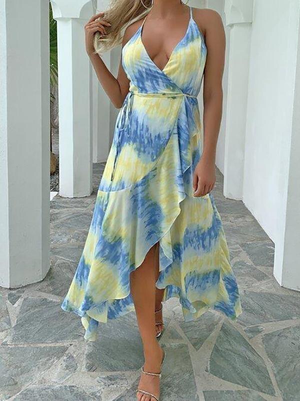 Surplice Neck Knot Belted Ruffle Hem Tie Dye Cami Dress - Dresses - INS | Online Fashion Free Shipping Clothing, Dresses, Tops, Shoes - 01/29/2021 - Beach - chiffon-dress