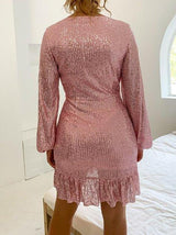 Surplice Neck Lantern Sleeve Ruffle Hem Sequin Dress - Mini Dresses - INS | Online Fashion Free Shipping Clothing, Dresses, Tops, Shoes - 02/05/2021 - Color_Pink - Dresses