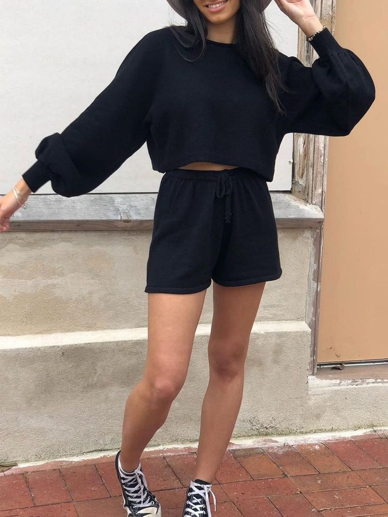 Sweater Puff Sleeve Top & Shorts Two-piece Set - Sets - INS | Online Fashion Free Shipping Clothing, Dresses, Tops, Shoes - 28/06/2021 - 40-50 - Bottoms