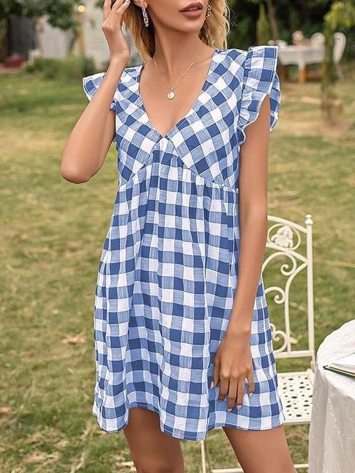 Sweet Plaid Flying Sleeves V-neck Waist Dress - Mini Dresses - INS | Online Fashion Free Shipping Clothing, Dresses, Tops, Shoes - 21/04/2021 - 2104V3 - Color_Black White