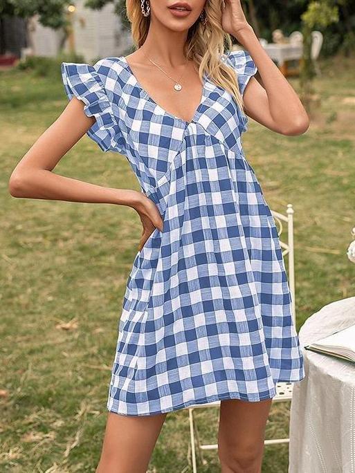 Sweet Plaid Flying Sleeves V-neck Waist Dress - Mini Dresses - INS | Online Fashion Free Shipping Clothing, Dresses, Tops, Shoes - 21/04/2021 - 2104V3 - Color_Black White