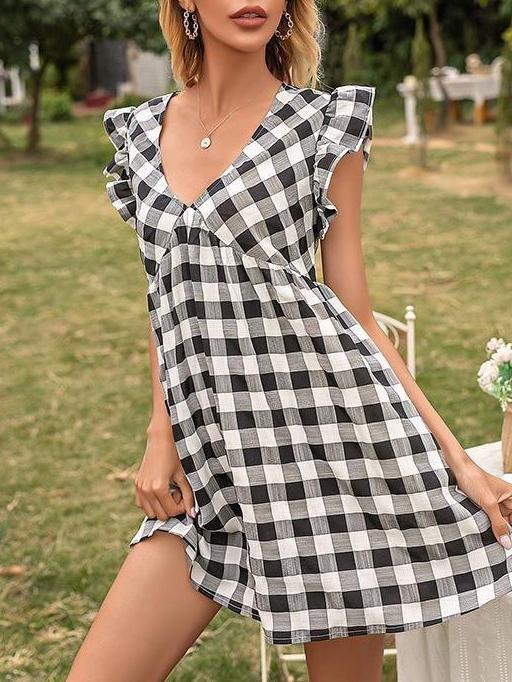 Sweet Plaid Flying Sleeves V-neck Waist Dress - Mini Dresses - INS | Online Fashion Free Shipping Clothing, Dresses, Tops, Shoes - 21/04/2021 - 2104V3 - Color_Black White