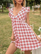 Sweet Plaid Flying Sleeves V-neck Waist Dress - Mini Dresses - INS | Online Fashion Free Shipping Clothing, Dresses, Tops, Shoes - 21/04/2021 - 2104V3 - Color_Black White