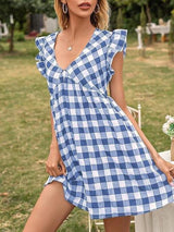 Sweet Plaid Flying Sleeves V-neck Waist Dress - Mini Dresses - INS | Online Fashion Free Shipping Clothing, Dresses, Tops, Shoes - 21/04/2021 - 2104V3 - Color_Black White