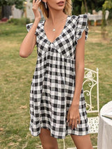 Sweet Plaid Flying Sleeves V-neck Waist Dress - Mini Dresses - INS | Online Fashion Free Shipping Clothing, Dresses, Tops, Shoes - 21/04/2021 - 2104V3 - Color_Black White