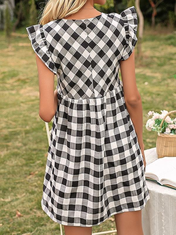 Sweet Plaid Flying Sleeves V-neck Waist Dress - Mini Dresses - INS | Online Fashion Free Shipping Clothing, Dresses, Tops, Shoes - 21/04/2021 - 2104V3 - Color_Black White