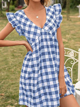 Sweet Plaid Flying Sleeves V-neck Waist Dress - Mini Dresses - INS | Online Fashion Free Shipping Clothing, Dresses, Tops, Shoes - 21/04/2021 - 2104V3 - Color_Black White