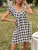 Sweet Plaid Flying Sleeves V-neck Waist Dress - Mini Dresses - INS | Online Fashion Free Shipping Clothing, Dresses, Tops, Shoes - 21/04/2021 - 2104V3 - Color_Black White