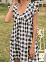 Sweet Plaid Flying Sleeves V-neck Waist Dress - Mini Dresses - INS | Online Fashion Free Shipping Clothing, Dresses, Tops, Shoes - 21/04/2021 - 2104V3 - Color_Black White