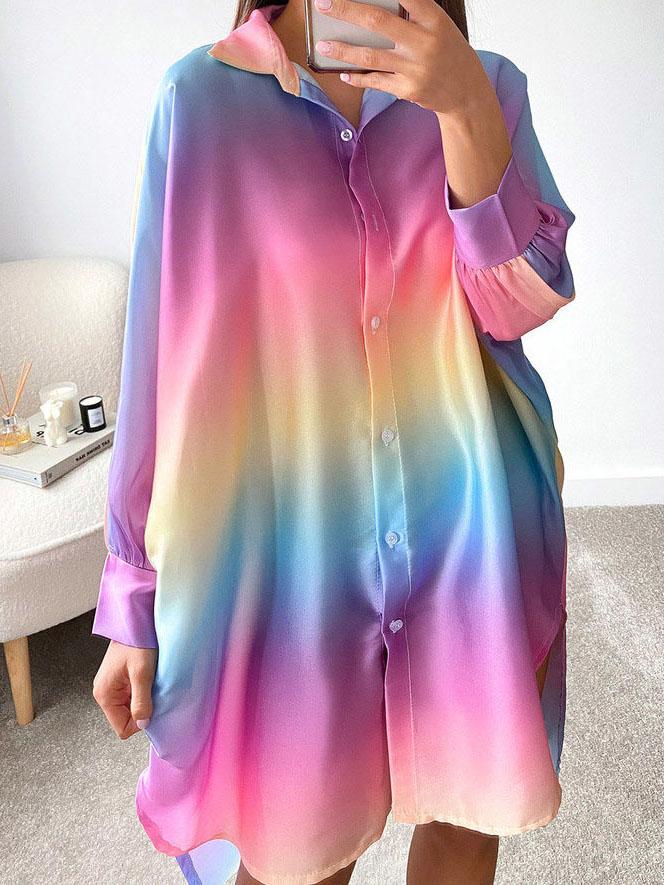 Sweet Rainbow Loose Long Sleeve Shirt Dress - Mini Dresses - INS | Online Fashion Free Shipping Clothing, Dresses, Tops, Shoes - 15/07/2021 - 20-30 - Category_Mini Dresses