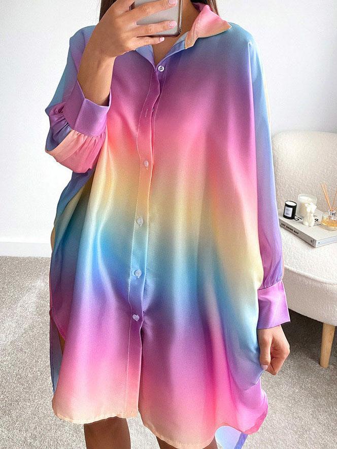 Sweet Rainbow Loose Long Sleeve Shirt Dress - Mini Dresses - INS | Online Fashion Free Shipping Clothing, Dresses, Tops, Shoes - 15/07/2021 - 20-30 - Category_Mini Dresses