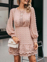 Swiss Dot Bishop Sleeve Guipure Lace Trim Dress - Dresses - INS | Online Fashion Free Shipping Clothing, Dresses, Tops, Shoes - 02/05/2021 - Autumn - Color_Pink