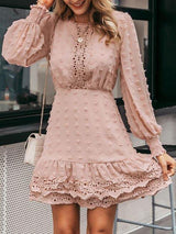 Swiss Dot Bishop Sleeve Guipure Lace Trim Dress - Dresses - INS | Online Fashion Free Shipping Clothing, Dresses, Tops, Shoes - 02/05/2021 - Autumn - Color_Pink