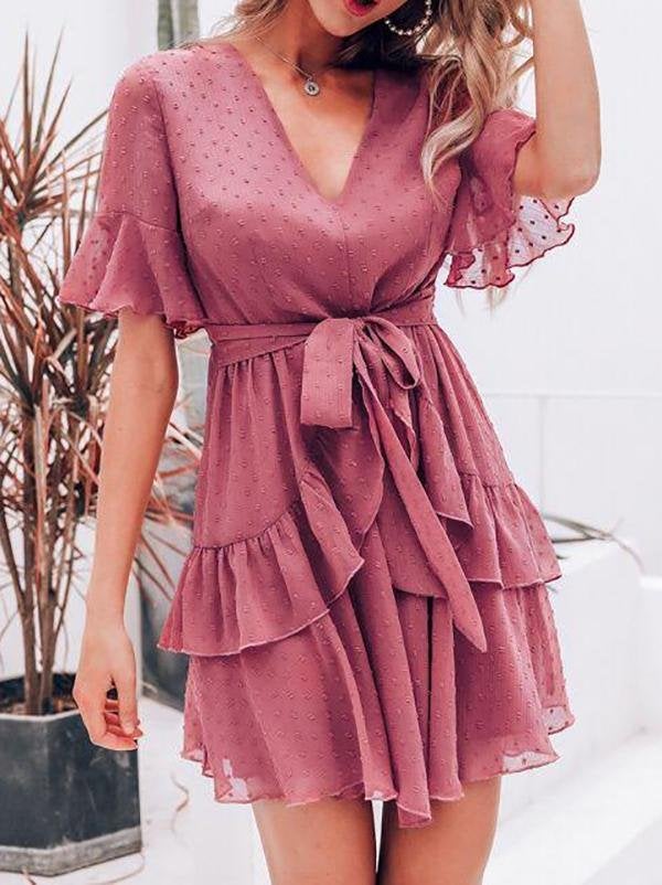 Swiss Dot Ruffle Hem Flounce Sleeve Belted Dress - Dresses - INS | Online Fashion Free Shipping Clothing, Dresses, Tops, Shoes - 02/02/2021 - Color_Pink - Daily
