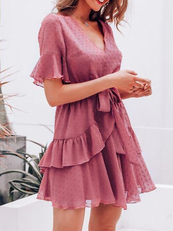 Swiss Dot Ruffle Hem Flounce Sleeve Belted Dress - Dresses - INS | Online Fashion Free Shipping Clothing, Dresses, Tops, Shoes - 02/02/2021 - Color_Pink - Daily