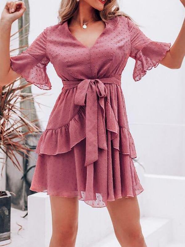 Swiss Dot Ruffle Hem Flounce Sleeve Belted Dress - Dresses - INS | Online Fashion Free Shipping Clothing, Dresses, Tops, Shoes - 02/02/2021 - Color_Pink - Daily