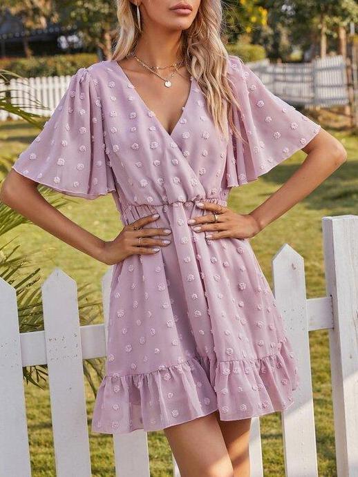 Swiss Dot Wrap A-line Dress - Mini Dresses - INS | Online Fashion Free Shipping Clothing, Dresses, Tops, Shoes - Beach - Casual - Color_Purple