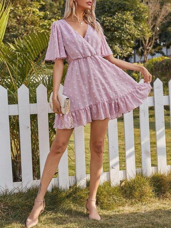 Swiss Dot Wrap A-line Dress - Mini Dresses - INS | Online Fashion Free Shipping Clothing, Dresses, Tops, Shoes - Beach - Casual - Color_Purple