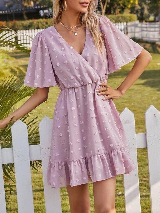 Swiss Dot Wrap A-line Dress - Mini Dresses - INS | Online Fashion Free Shipping Clothing, Dresses, Tops, Shoes - Beach - Casual - Color_Purple