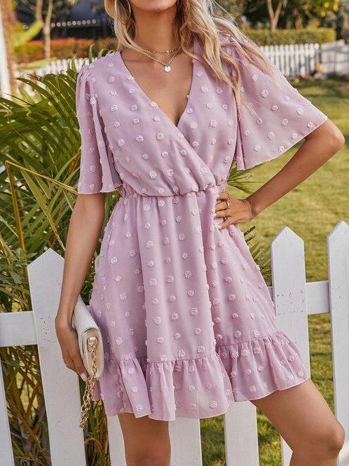 Swiss Dot Wrap A-line Dress - Mini Dresses - INS | Online Fashion Free Shipping Clothing, Dresses, Tops, Shoes - Beach - Casual - Color_Purple