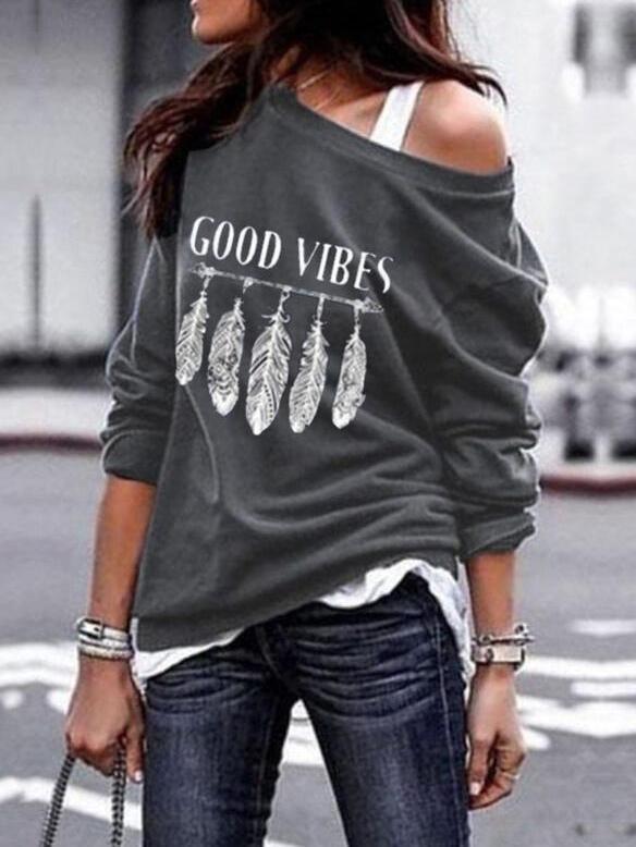 T-shirt Feather Hand-printed Sweater T-shirt - T-shirts - INS | Online Fashion Free Shipping Clothing, Dresses, Tops, Shoes - 20-30 - 20/07/2021 - color-blue