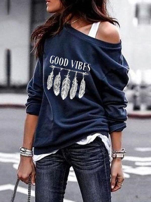 T-shirt Feather Hand-printed Sweater T-shirt - T-shirts - INS | Online Fashion Free Shipping Clothing, Dresses, Tops, Shoes - 20-30 - 20/07/2021 - color-blue