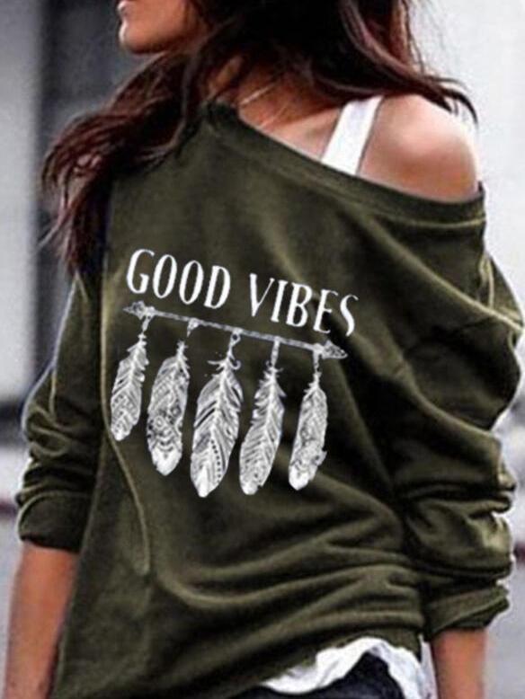 T-shirt Feather Hand-printed Sweater T-shirt - T-shirts - INS | Online Fashion Free Shipping Clothing, Dresses, Tops, Shoes - 20-30 - 20/07/2021 - color-blue