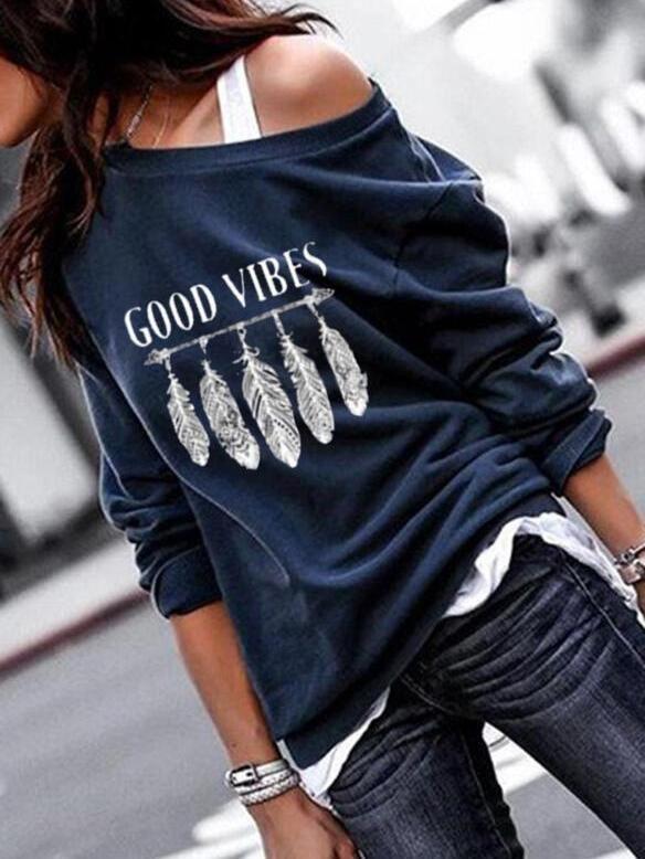 T-shirt Feather Hand-printed Sweater T-shirt - T-shirts - INS | Online Fashion Free Shipping Clothing, Dresses, Tops, Shoes - 20-30 - 20/07/2021 - color-blue