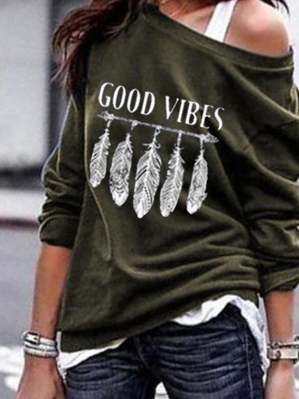 T-shirt Feather Hand-printed Sweater T-shirt - T-shirts - INS | Online Fashion Free Shipping Clothing, Dresses, Tops, Shoes - 20-30 - 20/07/2021 - color-blue