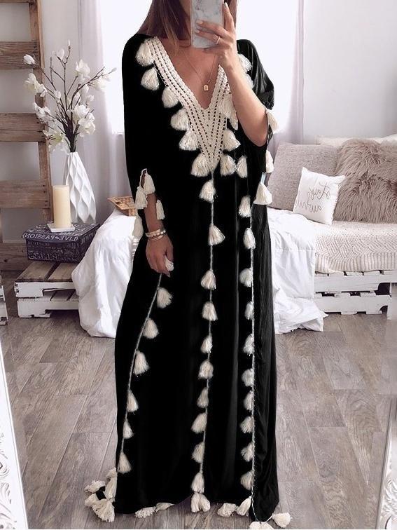 Tassel V-neck 3/4 Sleeve Long Dress - Maxi Dresses - INS | Online Fashion Free Shipping Clothing, Dresses, Tops, Shoes - 12/07/2021 - 40-50 - color-black