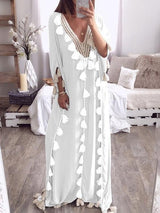 Tassel V-neck 3/4 Sleeve Long Dress - Maxi Dresses - INS | Online Fashion Free Shipping Clothing, Dresses, Tops, Shoes - 12/07/2021 - 40-50 - color-black