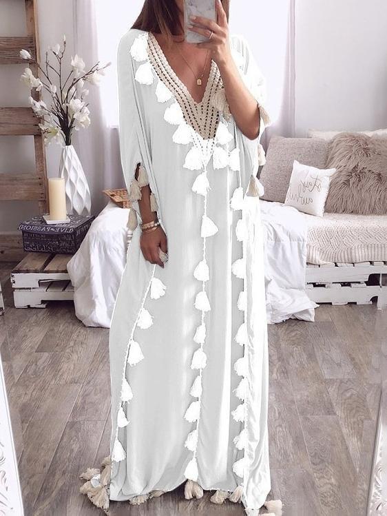 Tassel V-neck 3/4 Sleeve Long Dress - Maxi Dresses - INS | Online Fashion Free Shipping Clothing, Dresses, Tops, Shoes - 12/07/2021 - 40-50 - color-black