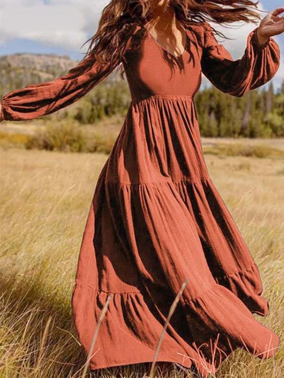 Temperament V-Neck Long Sleeve Flowy Dress - Maxi Dresses - INS | Online Fashion Free Shipping Clothing, Dresses, Tops, Shoes - 20-30 - 21/07/2021 - Category_Maxi Dresses