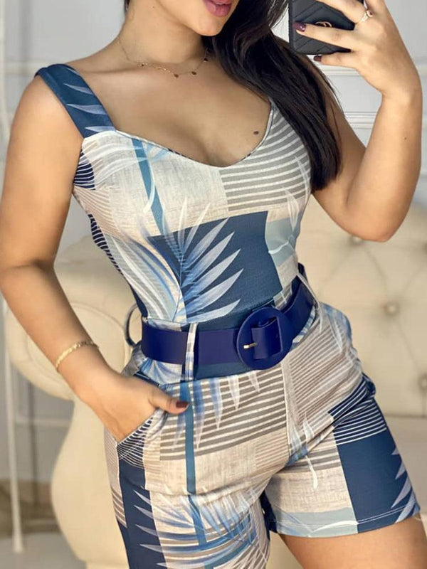 Thick Strap Tropical Print Skinny Romper - Rompers - INS | Online Fashion Free Shipping Clothing, Dresses, Tops, Shoes - 04/05/2021 - Category_Rompers - Color_Blue