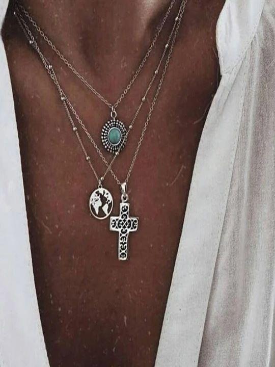 Three-Layer Necklace Personality Cross Turquoise World Map Pendant Necklace Charm Jewelry - INS | Online Fashion Free Shipping Clothing, Dresses, Tops, Shoes